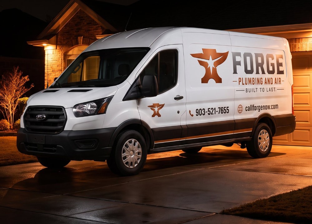 Forge Plumbing & Air wrapped service van in a Tyler, TX driveway at night