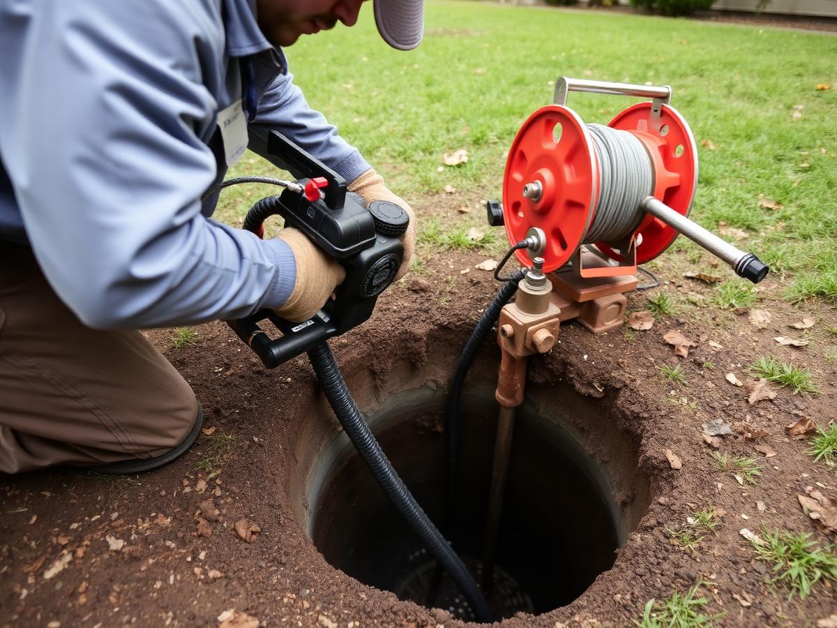 Technician clearing a clogged main line through an outdoor sewer cleanout with a drain cable and camera reel
