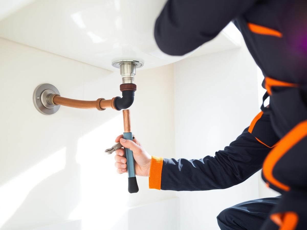 Forge plumber repairing a leaking under-sink water supply line