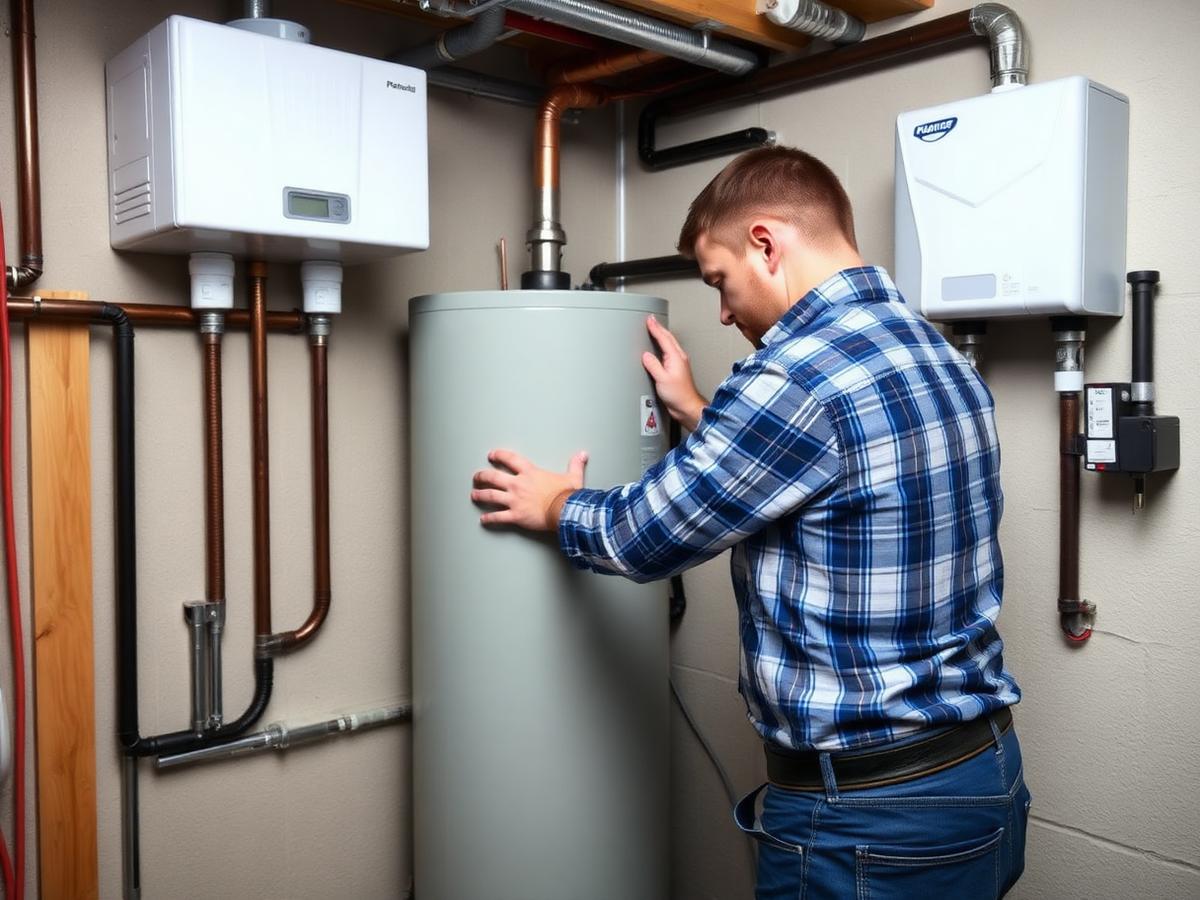 Technician installing a tank water heater next to a tankless unit