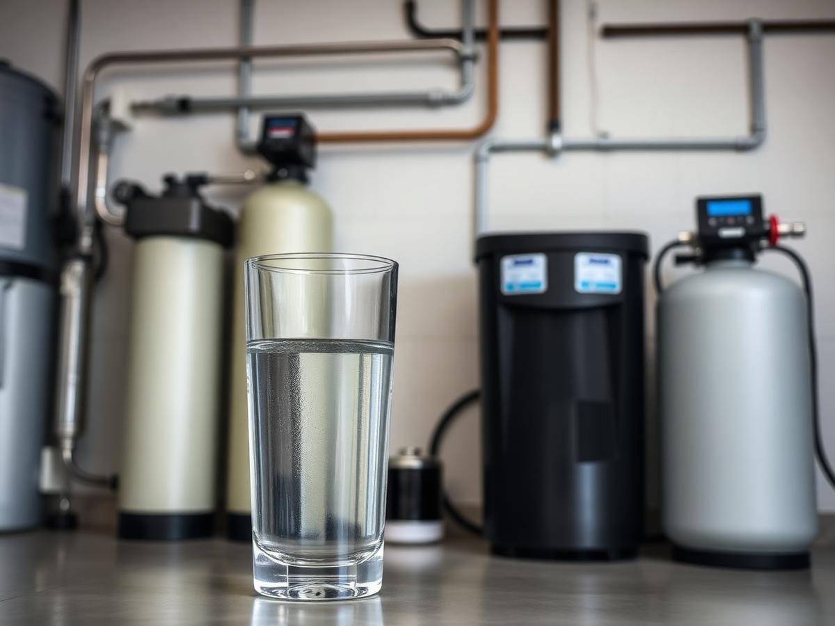 Whole-house water filtration and softener system with a glass of clear drinking water